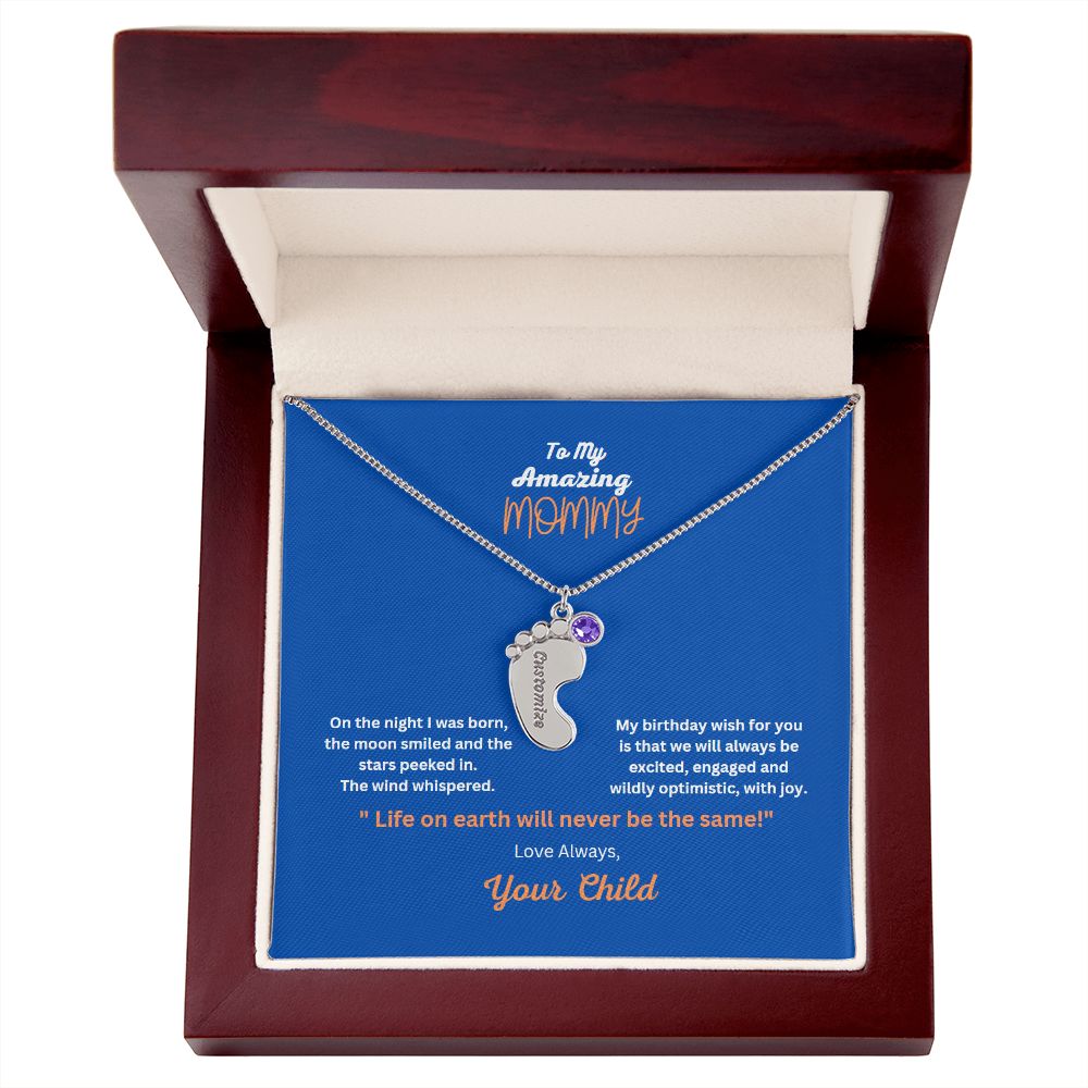 Engraved Baby Foot Necklace with Birthstone  On sale now for a limited time!
