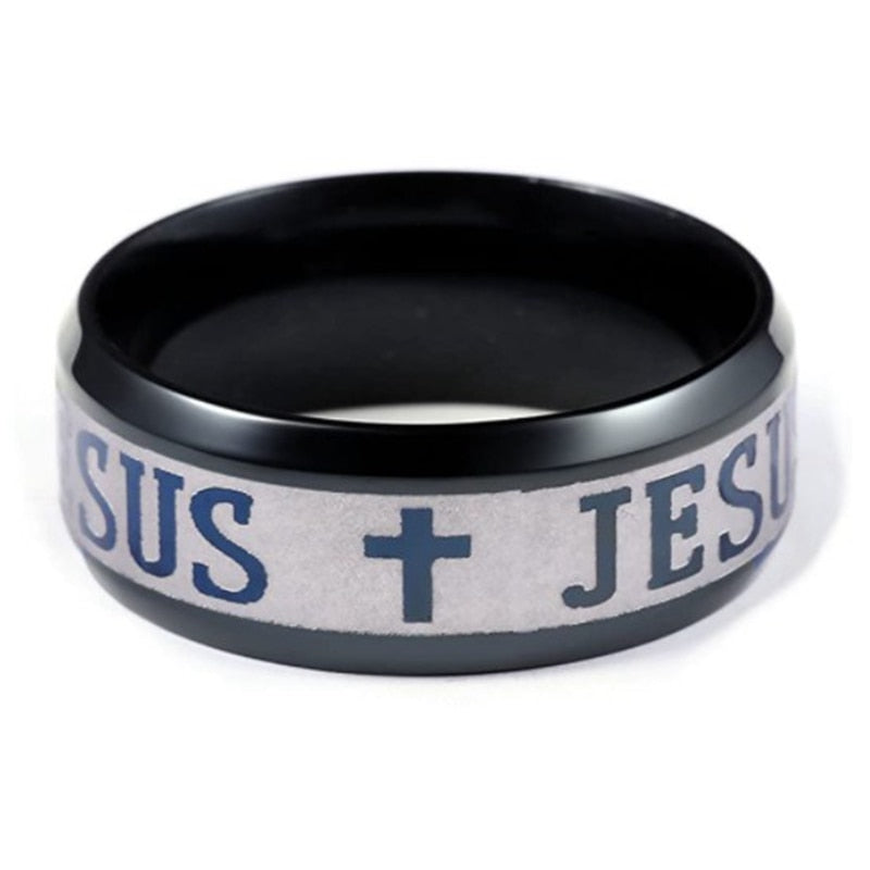 Stainless Steel Black Color Jesus Cross Ring Letter Bible Prayer Finger Rings For Men 8mm Amulet Jewelry