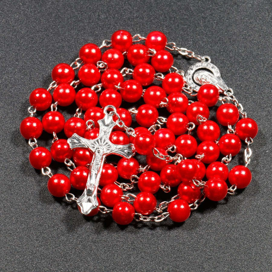 Religion Christian Faux pearl Rosary necklace For Women Virgin Mary Jesus Cross pendant Long beads chains Fashion Jewelry