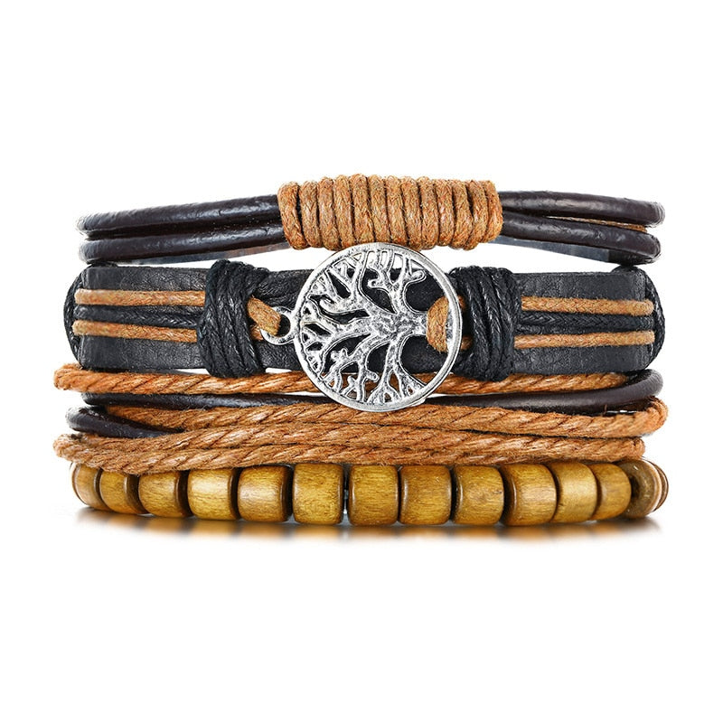 Vnox 4Pcs/ Set Braided Wrap Leather Bracelets for Men Vintage Life Tree Rudder Charm Wood Beads Ethnic Tribal Wristbands