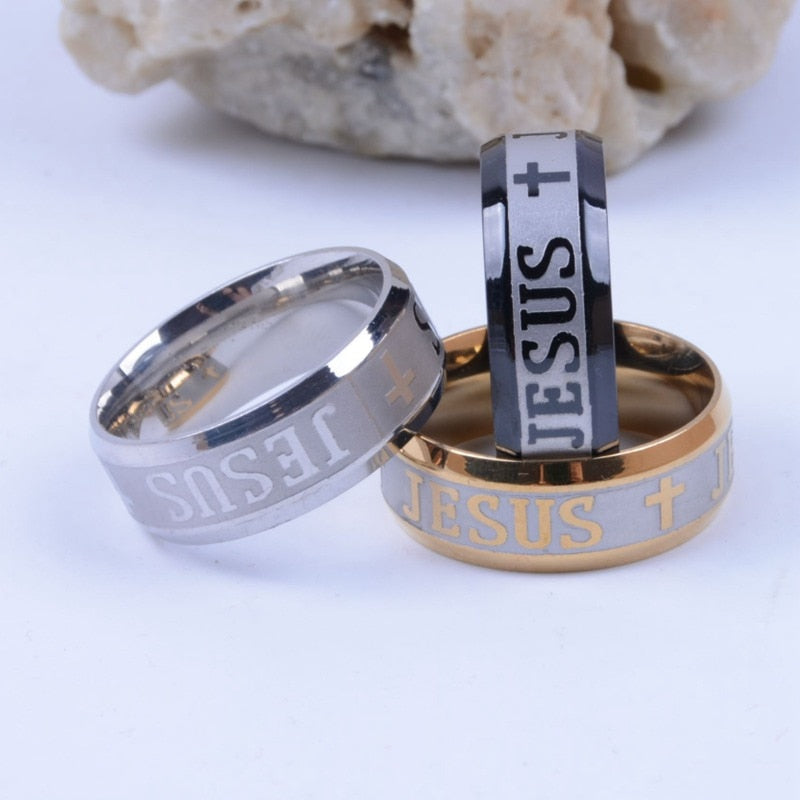 Stainless Steel Black Color Jesus Cross Ring Letter Bible Prayer Finger Rings For Men 8mm Amulet Jewelry
