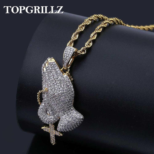 Iced Out Praying Hand Pendant Necklace With Cross Mens/Women Gold Plated Hip Hop Charm Jewelry Necklace Chain For Gifts