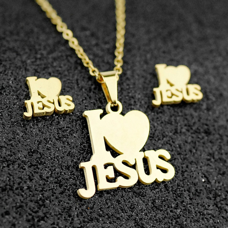 Fashion Stainless Steel Jesus Cross Men Charm Heart Letter Pendant Necklace Jewelry Set Chain Christian Symbol Jewelry Gifts