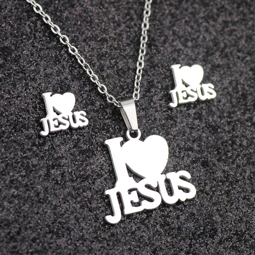 Fashion Stainless Steel Jesus Cross Men Charm Heart Letter Pendant Necklace Jewelry Set Chain Christian Symbol Jewelry Gifts