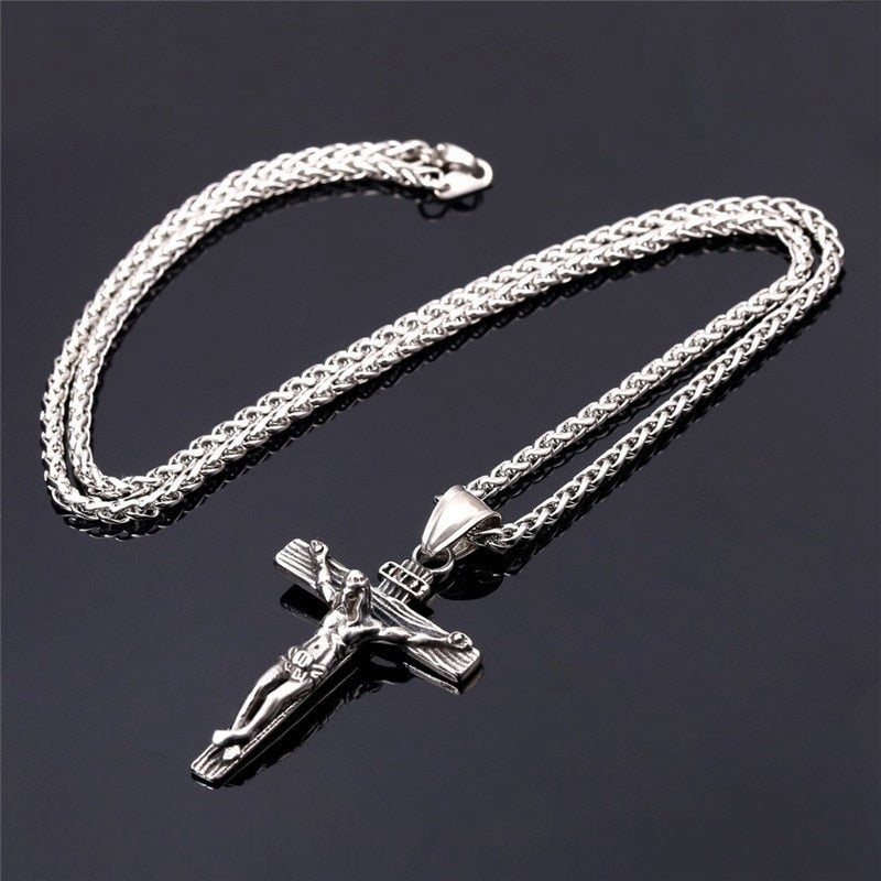 Religious Jesus Cross Necklace for Men Fashion Gold Color Cross Pendent with Chain Necklace Jewelry Gifts for Men Pendant